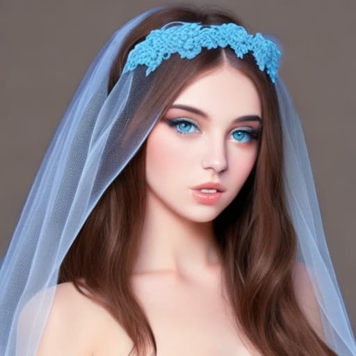  cute nude brunette and blonde  long blue veil  posing