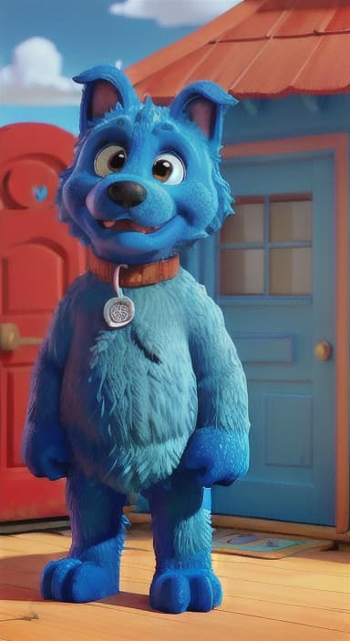  {Max the big blue dog standing in front of a cozy little house with a red door, The big blue dog is large with sky blue fur, big round eyes, a black nose, and floppy ears.