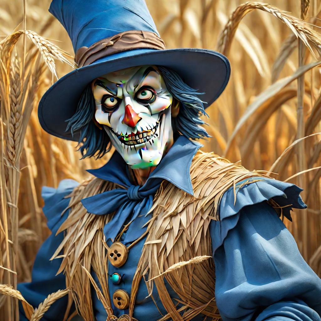  HDR photo of The scarecrow, made of straw, in a blue costume, with a blue pointed hat . High dynamic range, vivid, rich details, clear shadows and highlights, realistic, intense, enhanced contrast, highly detailed hyperrealistic, full body, detailed clothing, highly detailed, cinematic lighting, stunningly beautiful, intricate, sharp focus, f/1. 8, 85mm, (centered image composition), (professionally color graded), ((bright soft diffused light)), volumetric fog, trending on instagram, trending on tumblr, HDR 4K, 8K