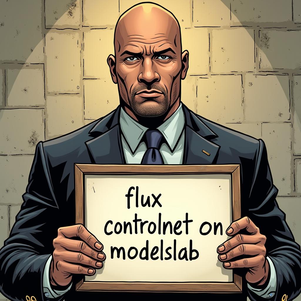  comic style, dwayne johnson holding a notice board where it is written 'flux controlnet on modelslab'.