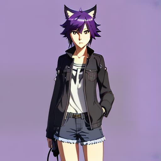  Makoto Shinkai style. semi - realistic anime style. Asian. looking at viewer. solo. fashion. soft shadows. modern. cute girl. character design. purple hair. full body. animal ears. uhd. high details.