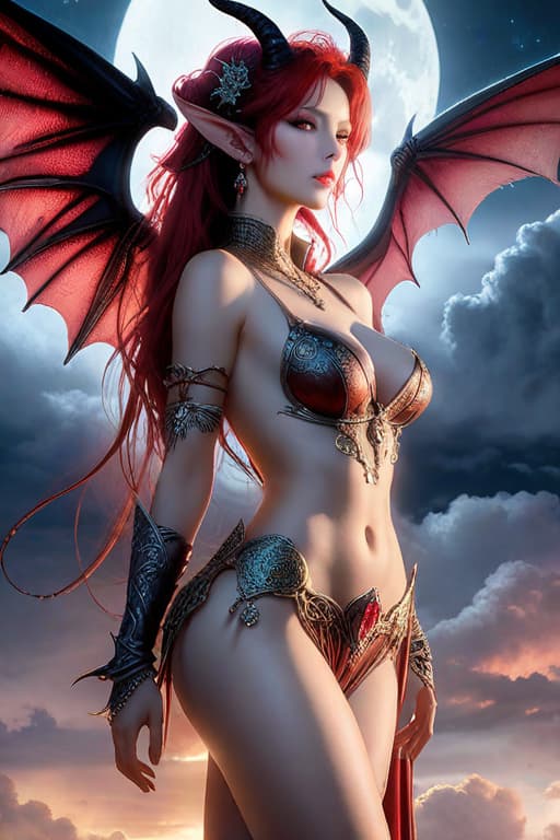  ((best quality)), ((masterpiece)), (detailed), alluring succubus, ethereal beauty, perched on a cloud, (fantasy illustration:1.3), enchanting gaze, captivating pose, delicate wings, otherworldly charm, mystical sky, (Luis Royo:1.2), (Yoshitaka Amano:1.1), moonlit night, soft colors, (detailed cloudscape:1.3), (high resolution:1.2), red hair hyperrealistic, full body, detailed clothing, highly detailed, cinematic lighting, stunningly beautiful, intricate, sharp focus, f/1. 8, 85mm, (centered image composition), (professionally color graded), ((bright soft diffused light)), volumetric fog, trending on instagram, trending on tumblr, HDR 4K, 8K