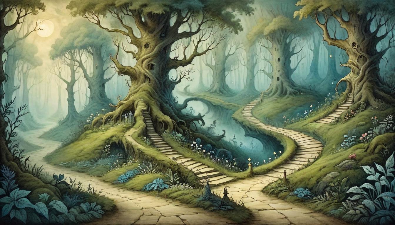  on parchment, surrealism+++, A winding path through a mystical forest, path less traveled, hidden journey, wonder in the unknown, enchanted exploration(mysterious, provocative, symbolic,muted color)+++