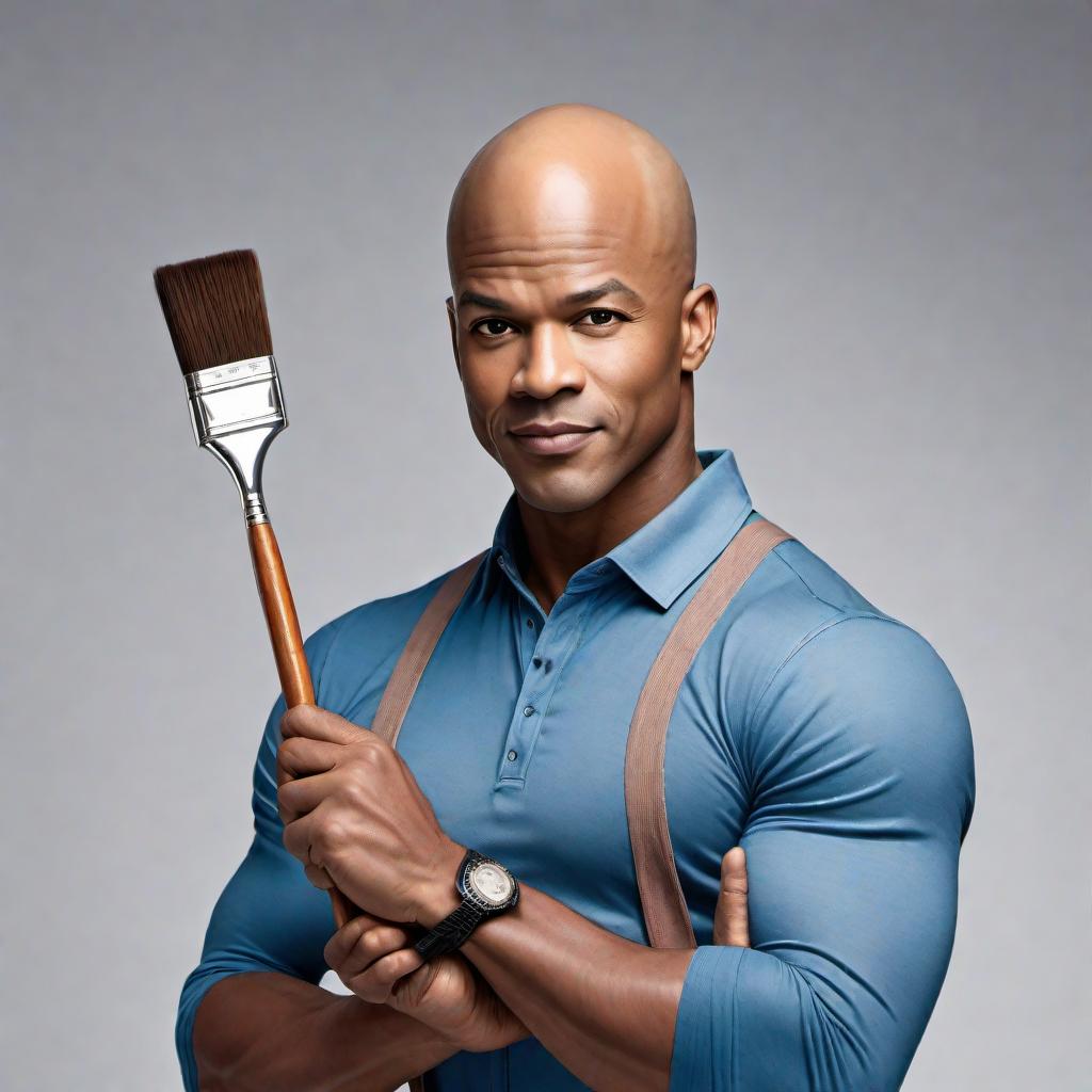  Cartoon image of an African American man with a bald head, resembling Mr. Clean but holding a paintbrush. The figure should appear strong and friendly, wearing a clean and simple outfit. The background should be light and minimalistic to keep the focus on the character. The style should be distinctly cartoon-like, with bold lines and vibrant colors. hyperrealistic, full body, detailed clothing, highly detailed, cinematic lighting, stunningly beautiful, intricate, sharp focus, f/1. 8, 85mm, (centered image composition), (professionally color graded), ((bright soft diffused light)), volumetric fog, trending on instagram, trending on tumblr, HDR 4K, 8K