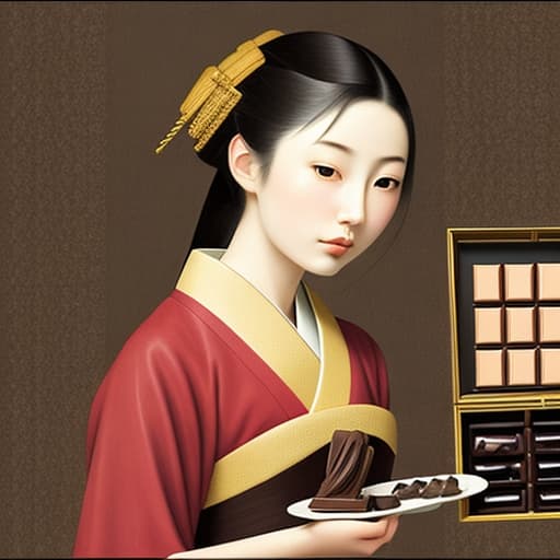  Attractive Beautiful young modern Japanese girl dressed in imperial attire with moist parted lips. Foreground is plates of fine dark chocolates. Background is an exclusive Japanese restaurant . Painting style of Edgar Degas