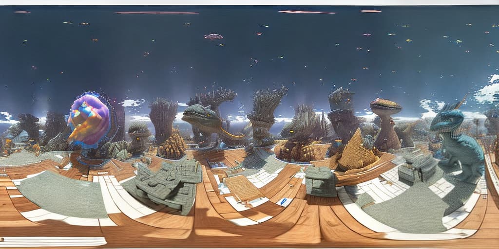mdjrny-v4 style cubemap, equirectangular, 360 degree panaroma, birthday invite in the theme of unicorn and dinosaurs in the style of eric carle