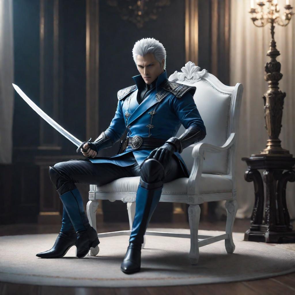  vergil sits on a white  plastic chair, with katana on his, cute, hyper detail, full HD hyperrealistic, full body, detailed clothing, highly detailed, cinematic lighting, stunningly beautiful, intricate, sharp focus, f/1. 8, 85mm, (centered image composition), (professionally color graded), ((bright soft diffused light)), volumetric fog, trending on instagram, trending on tumblr, HDR 4K, 8K