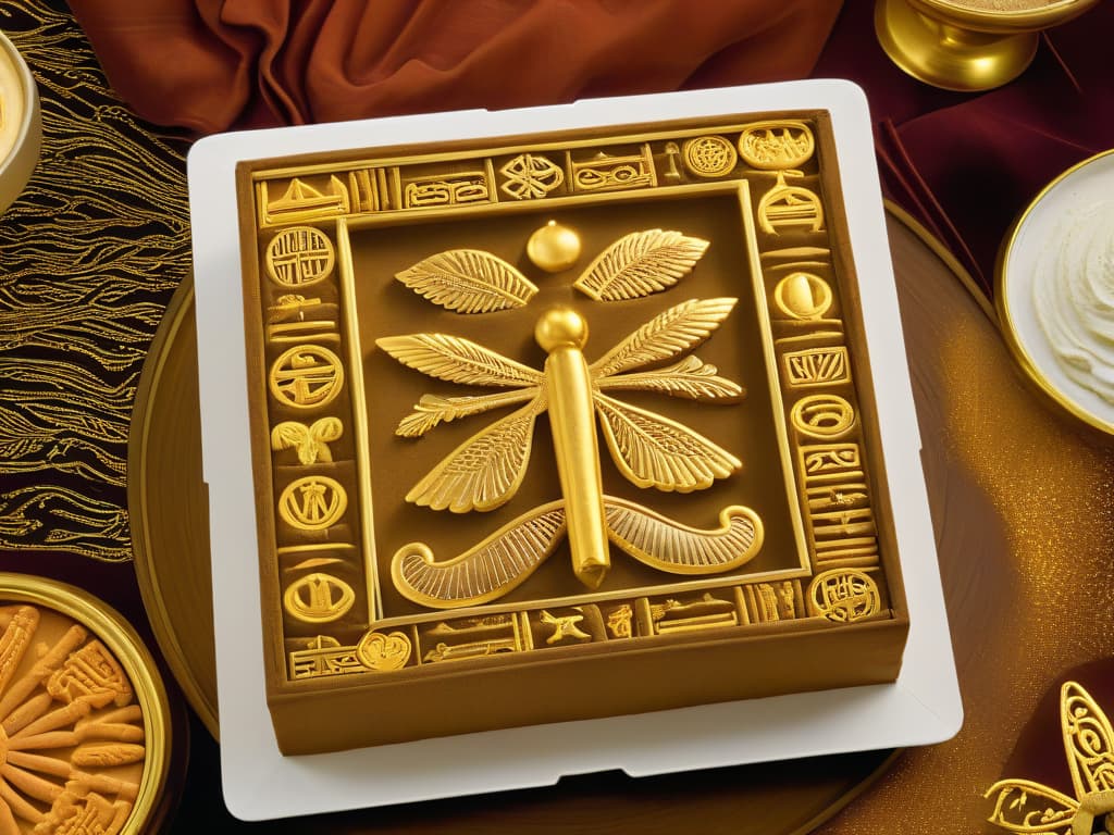  An ultradetailed 8k image of an intricately designed Egyptian hieroglyphic pattern with subtle golden accents, symbolizing the historical influence of Egyptian pastry on modern desserts. The pattern features traditional Egyptian symbols like the Ankh, Scarab, and Eye of Horus, intricately intertwined to represent the rich cultural heritage and artistic legacy of Egyptian confectionery. The minimalist color palette of gold, black, and ivory adds a touch of sophistication, making it a visually striking and historically relevant image for the article. hyperrealistic, full body, detailed clothing, highly detailed, cinematic lighting, stunningly beautiful, intricate, sharp focus, f/1. 8, 85mm, (centered image composition), (professionally color graded), ((bright soft diffused light)), volumetric fog, trending on instagram, trending on tumblr, HDR 4K, 8K