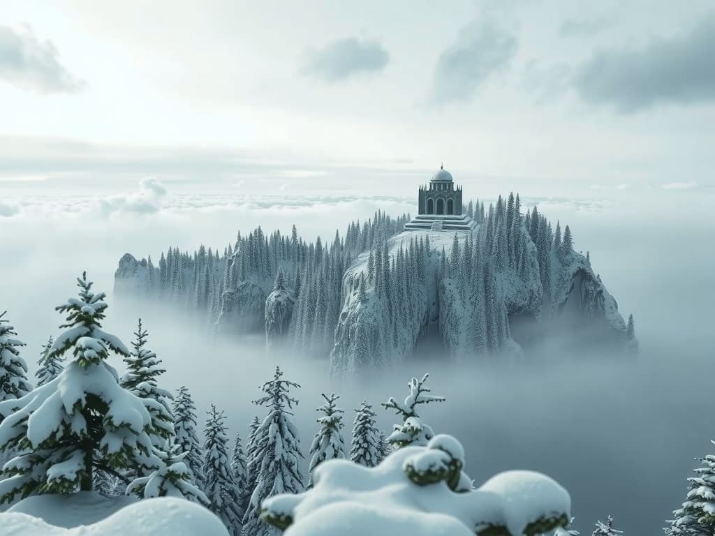  snowy arctic island covered in pine forests just above a stormy sea, the island looms 150 feet over the water in icy, treacherous cliffs, gothic mausoleum stands on the northern end of the island, haunting, 1990s ravenloft art ar 16:9 hyperrealistic, full body, detailed clothing, highly detailed, cinematic lighting, stunningly beautiful, intricate, sharp focus, f/1. 8, 85mm, (centered image composition), (professionally color graded), ((bright soft diffused light)), volumetric fog, trending on instagram, trending on tumblr, HDR 4K, 8K