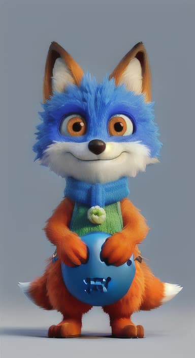  {Error the fox pressing the blue button with his paw, looking puzzled as nothing occurs., Error is a small, bright orange fox with a fluffy tail and big, inquisitive eyes. He has a mischievous yet kind expression and wears a tiny green scarf.