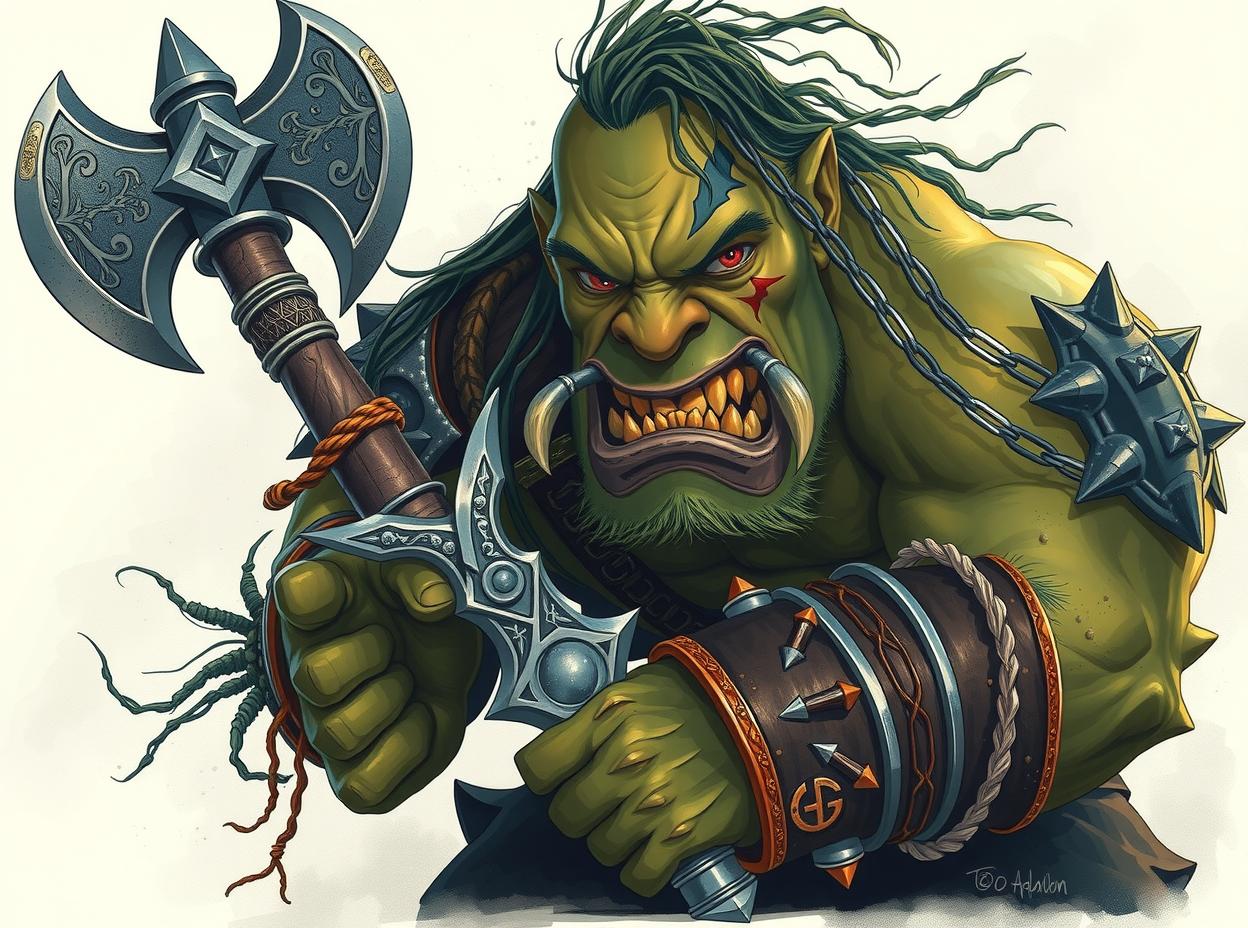  good quality, high quality, a muscular green skinned battle scarred orc barbarian with is wielding a great axe; dark ambience