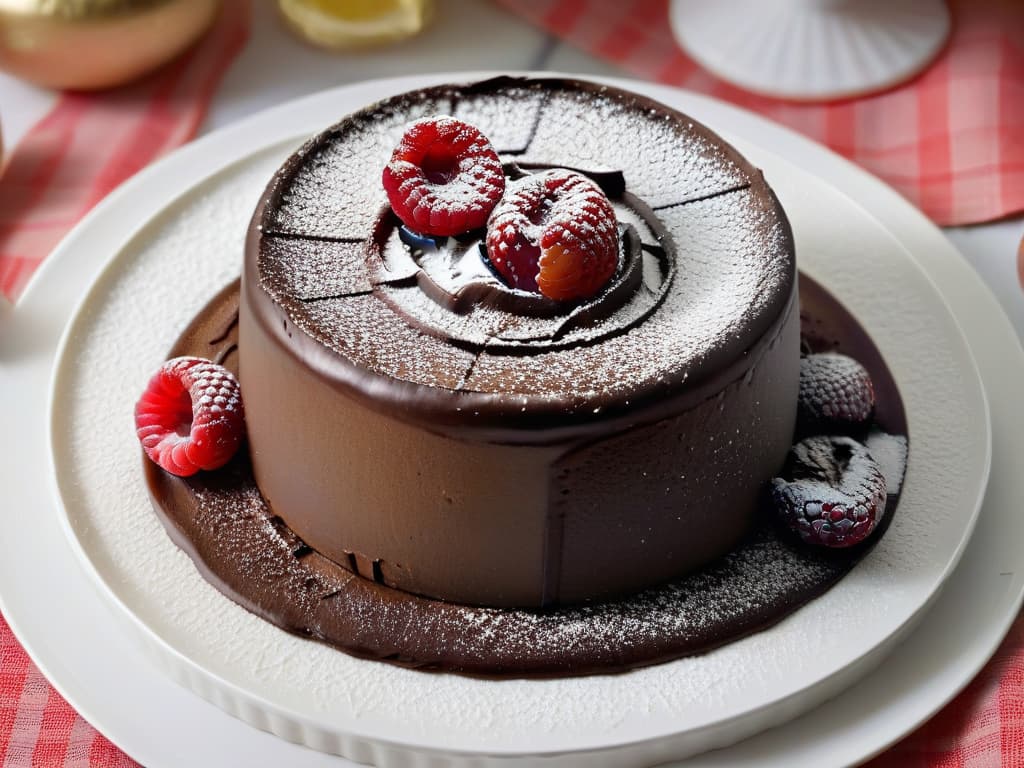  An ultradetailed closeup image of a decadent chocolate lava cake with a crispy caramelized exterior, a rich molten center oozing out onto a sleek, modern plate. The cake is garnished with a delicate dusting of powdered sugar and a single vibrant raspberry, creating a striking contrast of textures and colors. The intricate details of the glossy ganache, the crackly crust, and the juicy fruit are captured with such precision that every tiny texture and droplet is vividly visible, inviting the viewer to almost taste the luscious dessert. hyperrealistic, full body, detailed clothing, highly detailed, cinematic lighting, stunningly beautiful, intricate, sharp focus, f/1. 8, 85mm, (centered image composition), (professionally color graded), ((bright soft diffused light)), volumetric fog, trending on instagram, trending on tumblr, HDR 4K, 8K