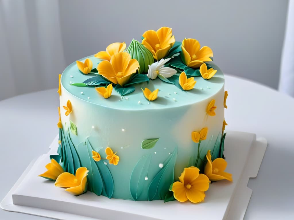  An ultradetailed image showcasing a closeup view of a delicate, intricately airbrushed floral design on a pristine white fondant cake. The image captures the fine details of the gradient colors blending seamlessly, highlighting the expert precision of the aerography technique. Each petal and leaf is meticulously shaded, creating a stunning visual impact that exemplifies the artistry and skill involved in aerography for pastry decoration. hyperrealistic, full body, detailed clothing, highly detailed, cinematic lighting, stunningly beautiful, intricate, sharp focus, f/1. 8, 85mm, (centered image composition), (professionally color graded), ((bright soft diffused light)), volumetric fog, trending on instagram, trending on tumblr, HDR 4K, 8K