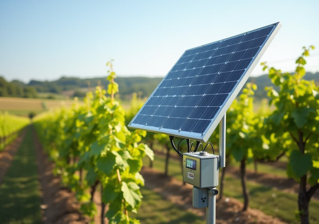  good quality, high quality, automated weather station with solar panels in a vineyard, collecting data to optimize irrigation and fertilization schedules