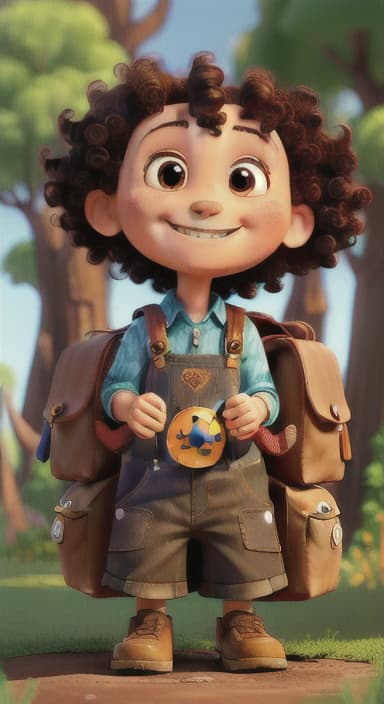  {The tree with a smiling face formed by its bark, looking down at Riley., Riley, a curious with big brown eyes and curly hair, wearing overalls and carrying a small backpack. Their friend, Skye, a bluebird with shiny feathers.