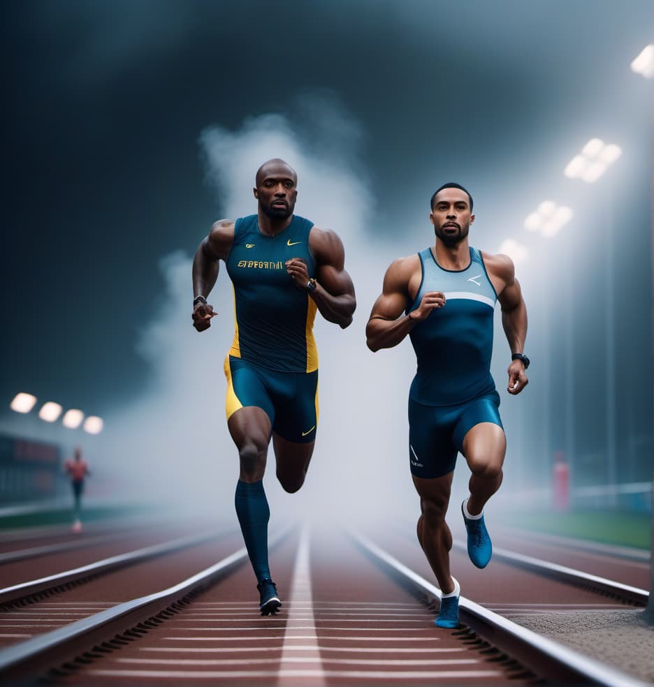  of sprinters on the tracks running thew 100 metre sprint hyperrealistic, full body, detailed clothing, highly detailed, cinematic lighting, stunningly beautiful, intricate, sharp focus, f/1. 8, 85mm, (centered image composition), (professionally color graded), ((bright soft diffused light)), volumetric fog, trending on instagram, trending on tumblr, HDR 4K, 8K