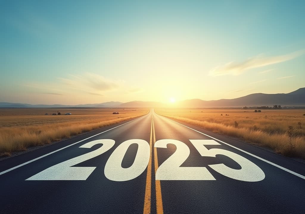  good quality, high quality, road to 2025 with an empty road with written 2025 and arrow pointing towards the horizon to represent the future and positivity and success of the new year 2025