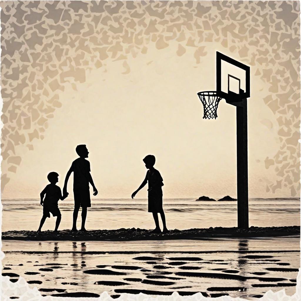  masterpiece, best quality, A basketball hoop by the beach with a man holding a basketball looking at the hoop and the silhouettes of a woman and young boy holding hands standing behind him