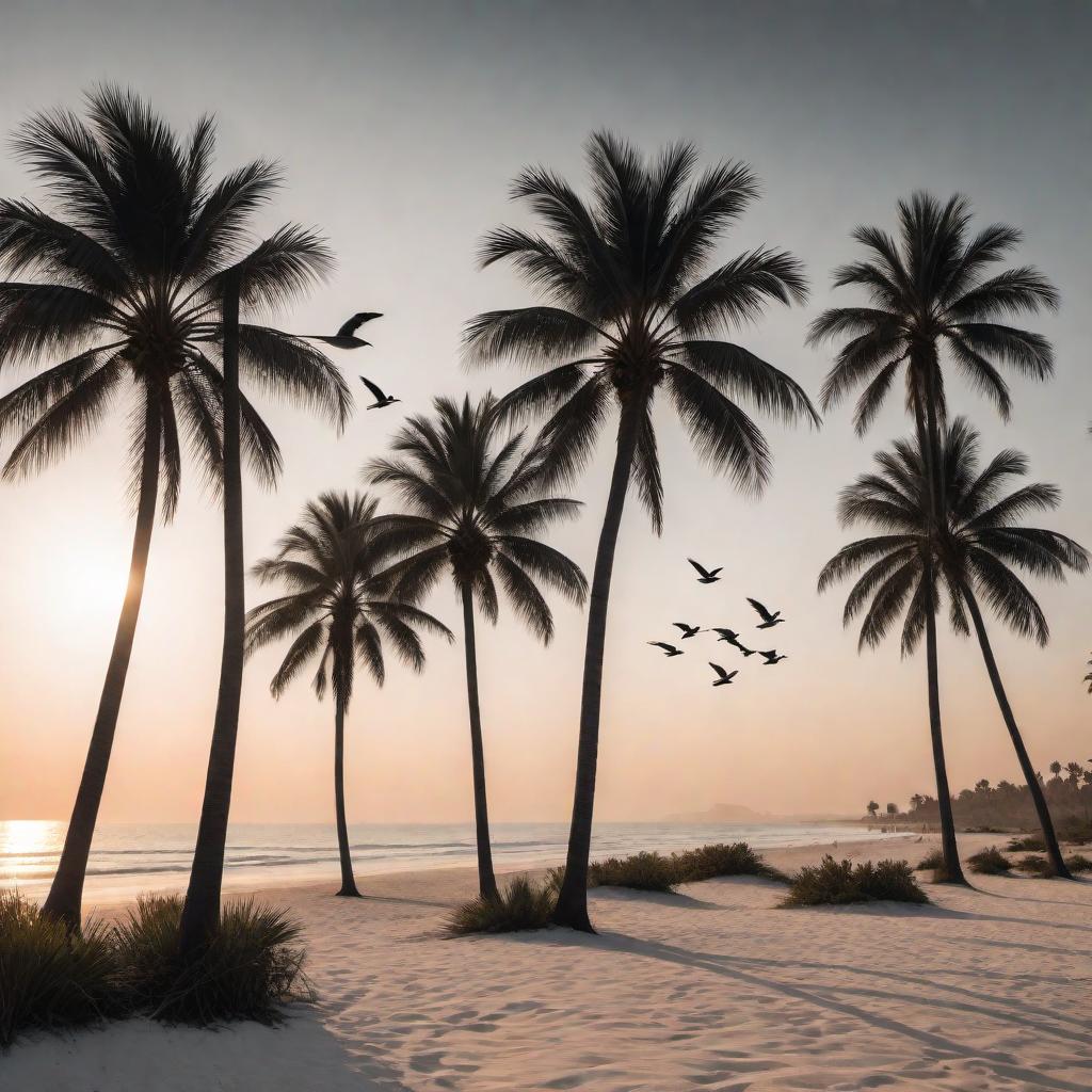  A single-color image in black on a white background for a T-shirt design. The image includes palm trees on a beach with birds flying in the sunset. hyperrealistic, full body, detailed clothing, highly detailed, cinematic lighting, stunningly beautiful, intricate, sharp focus, f/1. 8, 85mm, (centered image composition), (professionally color graded), ((bright soft diffused light)), volumetric fog, trending on instagram, trending on tumblr, HDR 4K, 8K