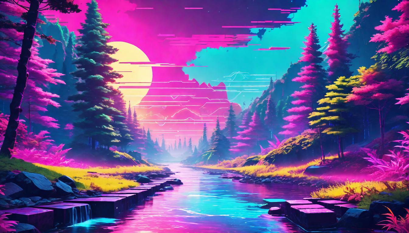  vaporwave,cyberpunk game style Stepping stones across a vibrant, flowing river, with lush forest on either side, Journey of growth, Path through challenges, Surrounded by nature's embraceeon, dystopian, futuristic, digital, vibrant, detailed, high contrast, reminiscent of cyberpunk genre video games,retro aesthetic, cyberpunk, vibrant, neon colors, vintage 80s and 90s style, highly detailed