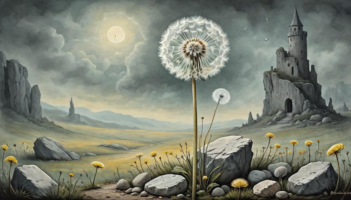  on parchment, surrealism+++, A single dandelion standing tall among a field of stones, solitude in dissent, resilience in bloom, natural defiance(mysterious, provocative, symbolic,muted color)+++