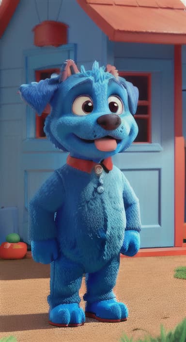  {Max the big blue dog standing in front of a cozy little house with a red door, The big blue dog is large with sky blue fur, big round eyes, a black nose, and floppy ears.