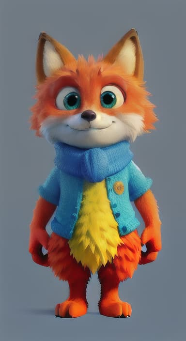  {Error the fox pressing the blue button with his paw, looking puzzled as nothing occurs., Error is a small, bright orange fox with a fluffy tail and big, inquisitive eyes. He has a mischievous yet kind expression and wears a tiny green scarf.