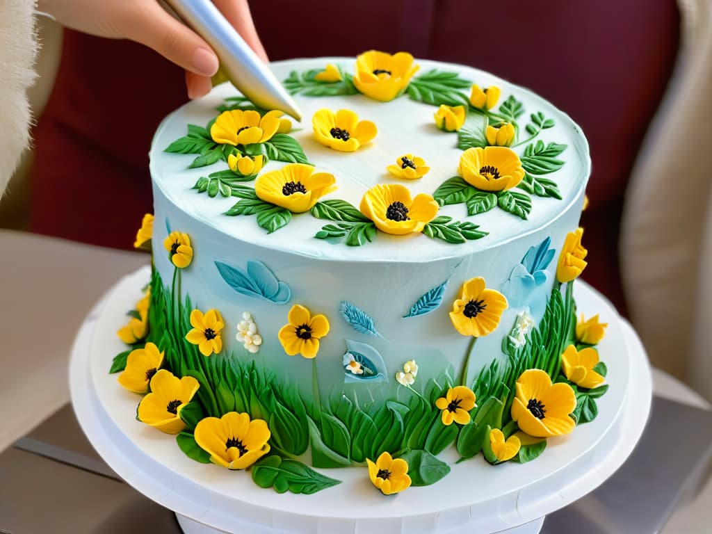  An ultradetailed closeup image of an artist's hands delicately painting intricate floral designs on a pristine white fondant cake using vibrant edible paint, showcasing the meticulous artistry and creativity involved in DIY projects with edible paint. hyperrealistic, full body, detailed clothing, highly detailed, cinematic lighting, stunningly beautiful, intricate, sharp focus, f/1. 8, 85mm, (centered image composition), (professionally color graded), ((bright soft diffused light)), volumetric fog, trending on instagram, trending on tumblr, HDR 4K, 8K