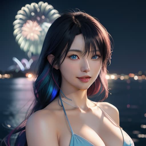  anime waifu 18 age womans , in a color bikini , clean soft lighting, backlit beautiful face, picture clearly visible , perfect shining skin , wave rainbow hair, blue eyes , smiling, background fireworks display at night , color digital painting, trending on artstation, concept art, hyperrealism, cinematic lighting, unreal engine 64K UHD HDR , Studio Ghibli, Anime Key Visual, by Makoto Shinkai , Nagasawa Rosetsu , Professional photo  hyperrealistic, full body, detailed clothing, highly detailed, cinematic lighting, stunningly beautiful, intricate, sharp focus, f/1. 8, 85mm, (centered image composition), (professionally color graded), ((bright soft diffused light)), volumetric fog, trending on instagram, trending on tumblr, HDR 4K, 8K