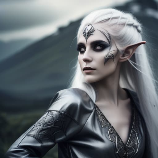  RAW photo, dark elf woman 25 years old with white hair with extremely gray skin, fantasy world, extremely detailed, high quality, film grain, ultra realistic close up portrait, healer dressed in a cloth tunic