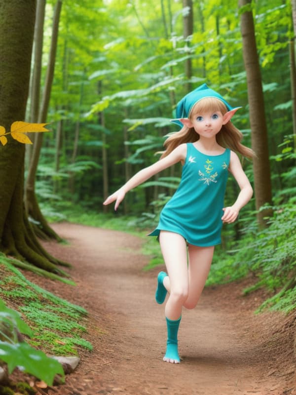  elf girl, short, long hair, blue eyes, green leaf clothing, no shoes, forest setting, running