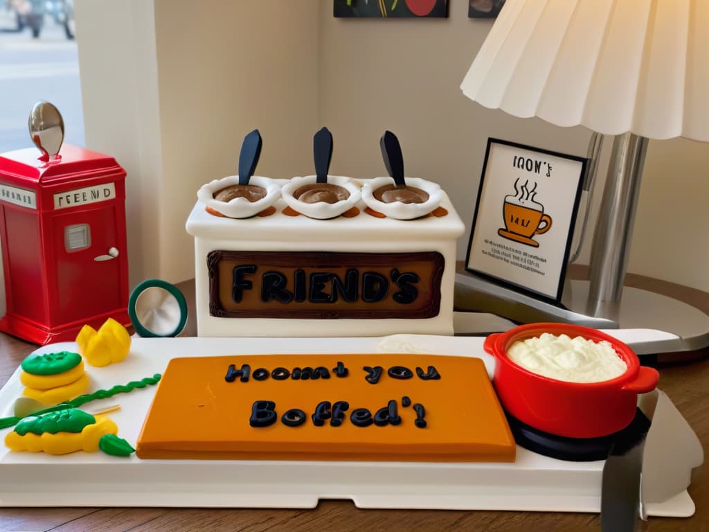  A photorealistic image of a kitchen counter filled with baking utensils inspired by the TV show Friends, including a set of measuring cups shaped like the Central Perk coffee mugs, a spatula with the famous "How you doin'?" catchphrase written on it, and cookie cutters in the shapes of iconic objects like the Central Perk logo, the peephole frame from Monica's apartment door, and the Central Perk couch. The utensils are arranged neatly on a marble countertop, with soft natural light coming in from a nearby window, creating a warm and inviting atmosphere for any Friends fan looking to bake up some nostalgia. hyperrealistic, full body, detailed clothing, highly detailed, cinematic lighting, stunningly beautiful, intricate, sharp focus, f/1. 8, 85mm, (centered image composition), (professionally color graded), ((bright soft diffused light)), volumetric fog, trending on instagram, trending on tumblr, HDR 4K, 8K