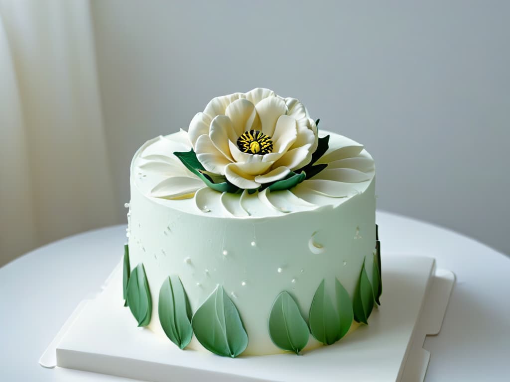  A closeup, ultradetailed image of a perfectly sculpted sugar flower on a pristine white fondant cake, showcasing intricate details like delicate petals, realistic textures, and subtle shading. The focus is on the craftsmanship and artistry of the sugar work, highlighting the precision and skill required to create such a masterpiece. hyperrealistic, full body, detailed clothing, highly detailed, cinematic lighting, stunningly beautiful, intricate, sharp focus, f/1. 8, 85mm, (centered image composition), (professionally color graded), ((bright soft diffused light)), volumetric fog, trending on instagram, trending on tumblr, HDR 4K, 8K