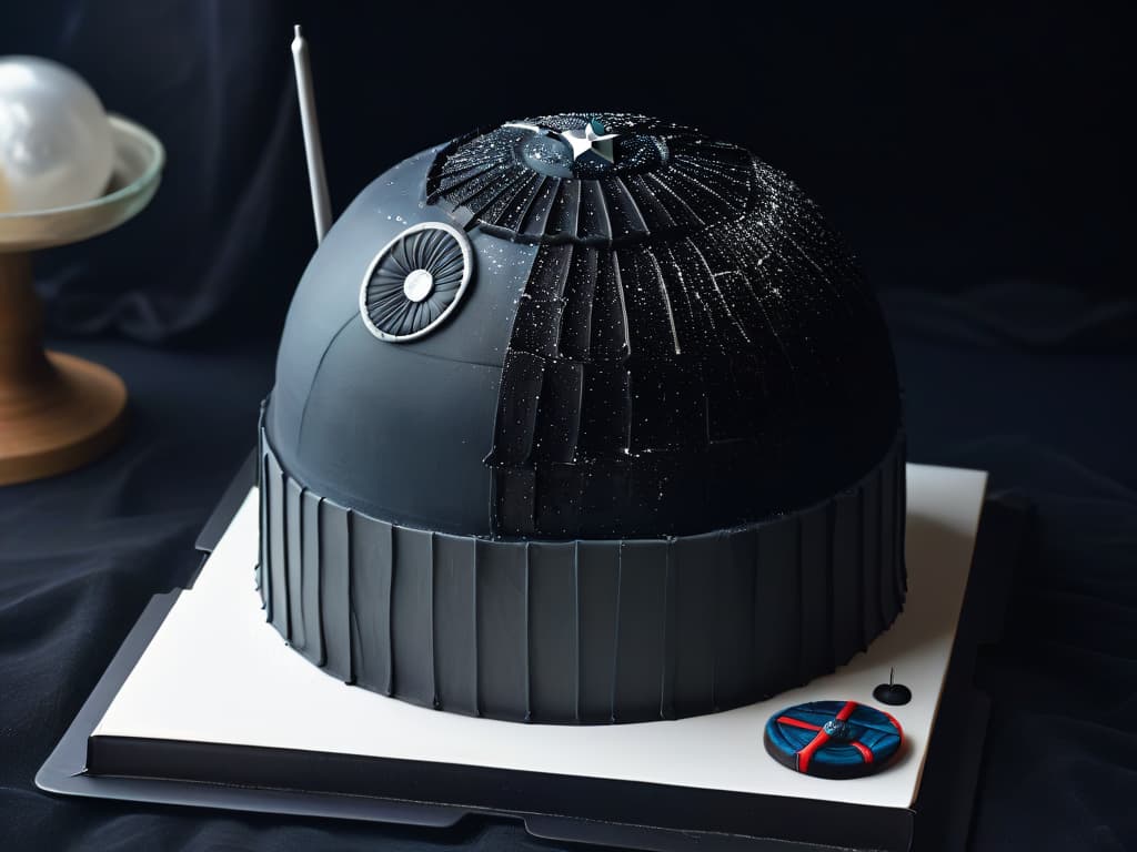  An ultradetailed image of a sleek, minimalistic Star Warsthemed cake featuring intricate silver fondant detailing resembling the Death Star, with tiny edible fondant figurines of iconic Star Wars characters like Darth Vader, Luke Skywalker, and Princess Leia positioned around the base. The cake is set against a black backdrop with a soft spotlight illuminating its shimmering surface, showcasing the meticulous craftsmanship and artistry that went into creating this delectable masterpiece. hyperrealistic, full body, detailed clothing, highly detailed, cinematic lighting, stunningly beautiful, intricate, sharp focus, f/1. 8, 85mm, (centered image composition), (professionally color graded), ((bright soft diffused light)), volumetric fog, trending on instagram, trending on tumblr, HDR 4K, 8K