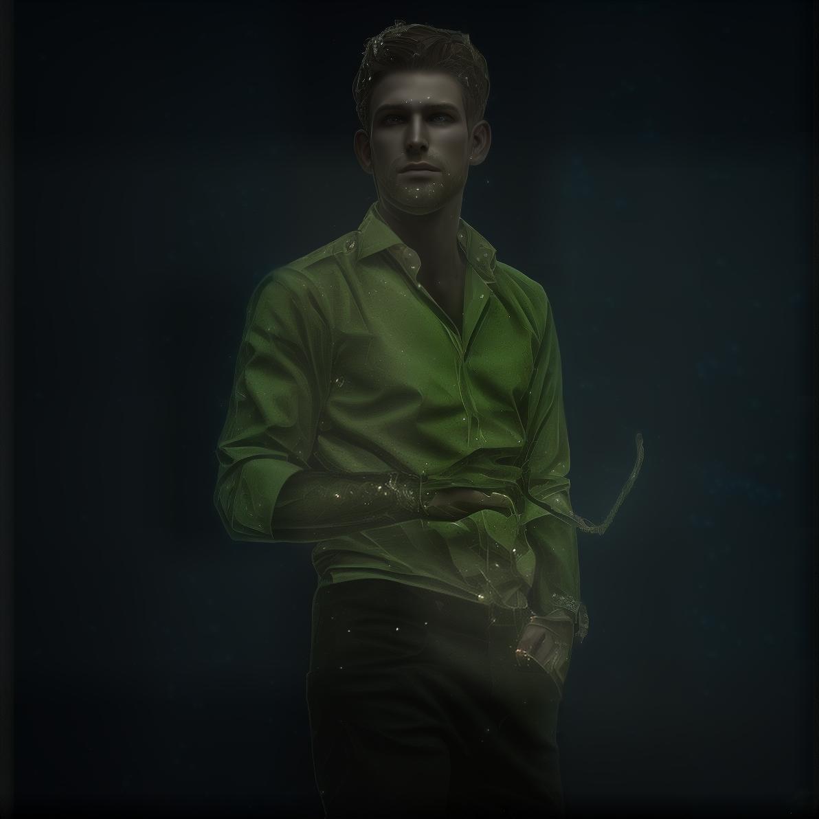 mdjrny-v4 style Generate a detailed Fantasy style avatar of a magical male elf with long, pointed ears. The character exudes a magical and mysterious charm, with distinct and elegant features that reflect his otherworldly nature. His attire is regal and adorned with intricate elven designs, such as flowing robes made from enchanting fabrics or armor embellished with nature inspired motifs. The elf's hair is long and lustrous, styled in elaborate braids or adorned with ornaments like leaves or crystals. His eyes sparkle with magical wisdom, and his expression is calm yet powerful and mysterious. The background should be an enchanted forest or a mystical elven city, with shimmering lights, ancient trees, and hints of magical creatures roaming in the shadows.