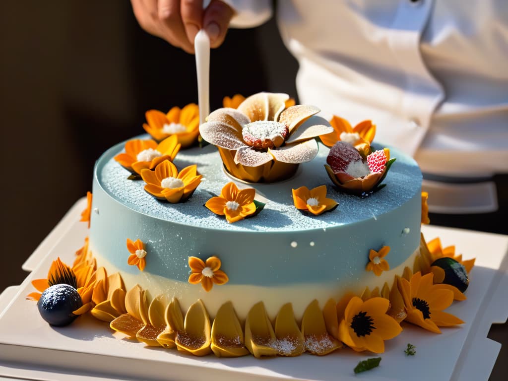  A closeup, ultradetailed image of a delicate, intricate sugar flower being meticulously crafted by a skilled pastry chef's hands. The focus is on the chef's precise movements as they sculpt the petals, revealing the artistry and dedication behind modern pastry design. The image showcases the beauty and precision of contemporary pastry art, emphasizing the cultural influences and artistic expression within the realm of baking and confectionery. hyperrealistic, full body, detailed clothing, highly detailed, cinematic lighting, stunningly beautiful, intricate, sharp focus, f/1. 8, 85mm, (centered image composition), (professionally color graded), ((bright soft diffused light)), volumetric fog, trending on instagram, trending on tumblr, HDR 4K, 8K