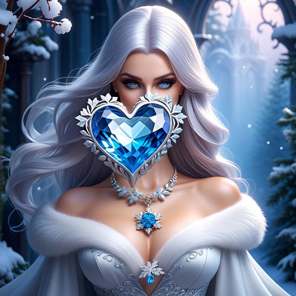  ethereal fantasy concept art of In the foreground in a frame in the form of a fantasy heart. (Inside the frame): there is a crystal vase with snowflake flowers, there is an envelope with a blue sealing wax seal, there is a handbag. (Ladies handbag design):colour silver grey, embroidered with white and blue snowflakes and decorated with a silver decorative chain, and a clasp in the form of two ice flakes. . magnificent, celestial, ethereal, painterly, epic, majestic, magical, fantasy art, cover art, dreamy hyperrealistic, full body, detailed clothing, highly detailed, cinematic lighting, stunningly beautiful, intricate, sharp focus, f/1. 8, 85mm, (centered image composition), (professionally color graded), ((bright soft diffused light)), volumetric fog, trending on instagram, trending on tumblr, HDR 4K, 8K