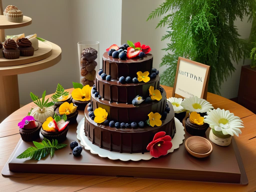  A closeup, photorealistic image of an elegant dessert table at a sustainable event, featuring a variety of beautifully plated desserts such as vegan chocolate cake with edible flowers, organic fruit tarts, and glutenfree cupcakes. The table is adorned with natural elements like wooden trays and fresh greenery, with soft ambient lighting casting a warm glow over the desserts, creating a visually appealing and ecofriendly display. hyperrealistic, full body, detailed clothing, highly detailed, cinematic lighting, stunningly beautiful, intricate, sharp focus, f/1. 8, 85mm, (centered image composition), (professionally color graded), ((bright soft diffused light)), volumetric fog, trending on instagram, trending on tumblr, HDR 4K, 8K