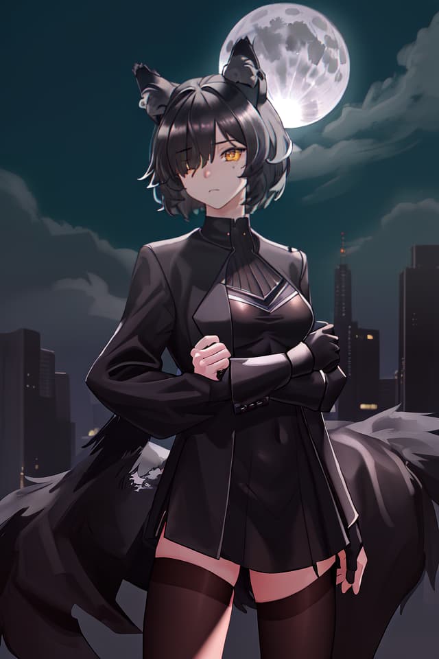  ultra detailed:1.2,masterpiece:1.2,bestquality,hdr:1.1,8k:1.1,cool girl:1.0,wolf ears:1.0,wolf tail:1.0,(black wolf girl,furry:1.4),black hair:1.0,short hair:1.0,hair over one eye:1.0,black suit:1.2,full moon