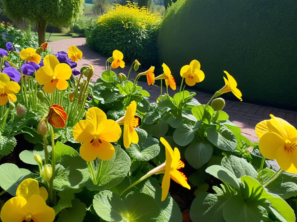  An ultradetailed closeup image of a vibrant, freshly bloomed edible flower garden in full spring blossom. Each delicate petal and intricate detail of the flowers are vividly captured, showcasing a variety of edible blooms like pansies, violets, and nasturtiums. The sun's golden rays illuminate the scene, casting a soft, warm glow over the colorful array of blossoms, evoking a sense of freshness and natural beauty perfect for decorating spring desserts. hyperrealistic, full body, detailed clothing, highly detailed, cinematic lighting, stunningly beautiful, intricate, sharp focus, f/1. 8, 85mm, (centered image composition), (professionally color graded), ((bright soft diffused light)), volumetric fog, trending on instagram, trending on tumblr, HDR 4K, 8K