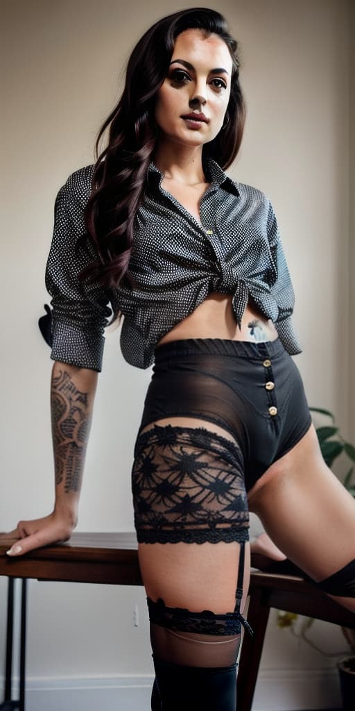  PA7 Human Likeness, woman, 32, years, old, petite, alluring, provocative, short, edgy, vibe, aesthetic, , artistic, low, key, tattoos, glamour, photo, mascara, eyeliner, thick, thighs, tiny, waist, thigh, high, boots, , pantyhose, nylon, tights, with, tigh high, pattern, in, black, made, out, of, lace, nylon, small, tight, , low rise, shorts, white, button, up, shirt, tied, realistic, skin, and, hair, detailed, photo, photorealistic,