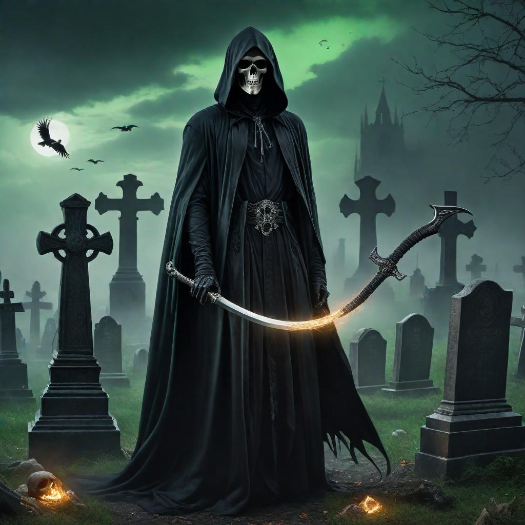  A painting of a person as the Grim Reaper with the face resembling the person in the shared images, exactly as captured. The person has medium-length curly brown hair, green eyes, and is wearing round glasses. Ensure the face is blended in a semi-realistic manner, keeping the physical traits exactly as seen. The Grim Reaper wears a robe with tattered edges and detailed patterns. The background is a spooky graveyard. The Grim Reaper holds the scythe in both hands, with a piercing gaze and glowing green eyes. Ravens perched on tombstones, fog swirling around the ground, and scattered skulls in the scene. Artistic style is semi-realistic with a gothic touch. hyperrealistic, full body, detailed clothing, highly detailed, cinematic lighting, stunningly beautiful, intricate, sharp focus, f/1. 8, 85mm, (centered image composition), (professionally color graded), ((bright soft diffused light)), volumetric fog, trending on instagram, trending on tumblr, HDR 4K, 8K