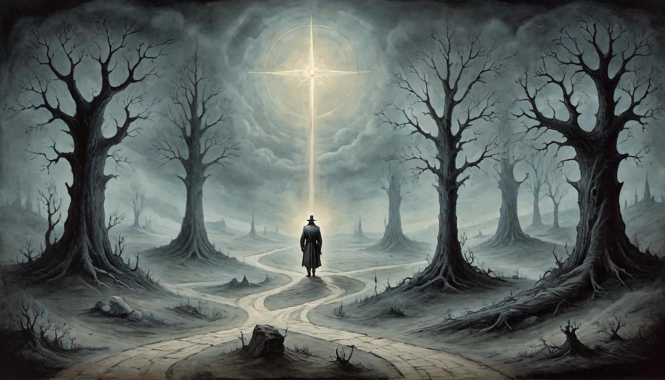  on parchment, surrealism+++, A lone figure stands at a crossroads illuminated by a single, unwavering light, paths shrouded in darkness, a symbol of internal and unreachable power.(mysterious, provocative, symbolic,muted color)+++