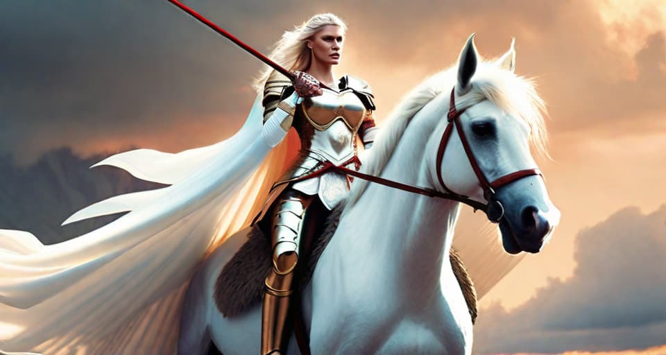  Image of Brave blonde Warrior Queen on her white unicorn ready for battle