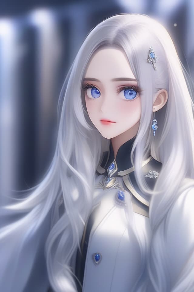  (Hairstyle where you can see your forehead in the middle)) Blue Eye Color, (Beautiful Silver Hair Parted in Center) Long hair, Sainty Attire, High Quality, 8k