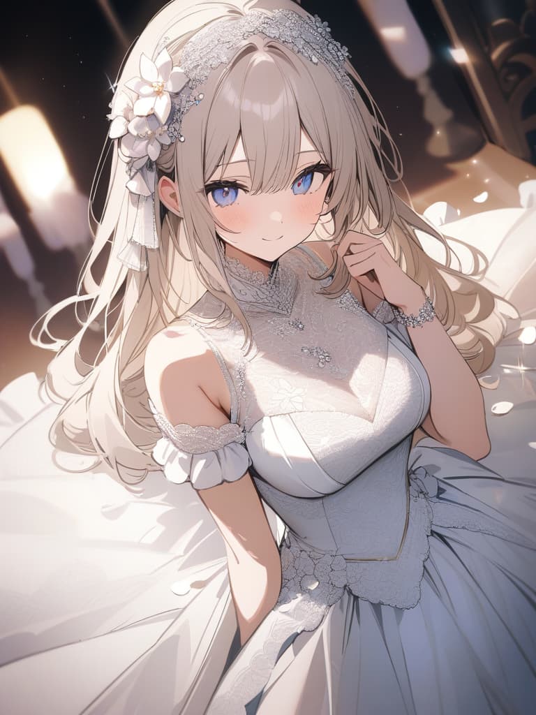  Masterpiece,one delicate lady,((flaxen hair color)),delicate hair color,shiny hair,(delicate blue eye color),smiling,(((Wedding dress: lots of lace,ruffles,tiny white flowers,sparkling jewelry))),whiterose,super high quality,super analysis,8K, masterpiece, best quality,8k,ultra detailed,high resolution,an extremely delicate and beautiful,hyper detail