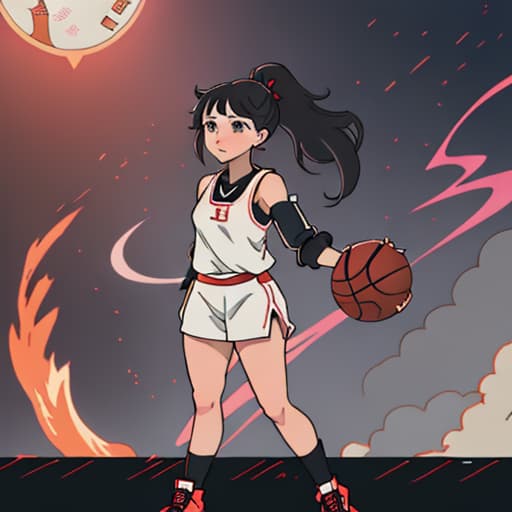  anime girl black hair bright dark brown eyes red and white basketball uniform with the number 18 and the name Nicky white and black shoes Have your hair in a medium high ponytail with two strands on the sides of your ears, have a basketball and look full body Pastel Palette, Da Vinci's Dreams, Picasso's , Sunrise Splendors, Floral Fantasy, Mystical Moonscapes, Urban Nature, Crystal Clear, Cinematic hyperrealistic, full body, detailed clothing, highly detailed, cinematic lighting, stunningly beautiful, intricate, sharp focus, f/1. 8, 85mm, (centered image composition), (professionally color graded), ((bright soft diffused light)), volumetric fog, trending on instagram, trending on tumblr, HDR 4K, 8K