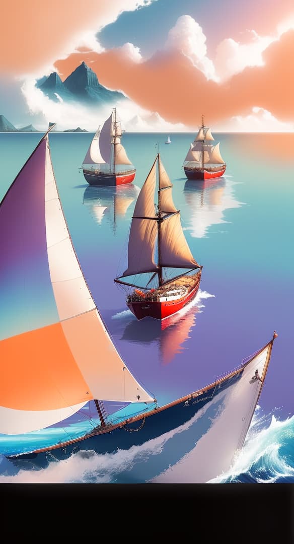  an abstract painting of, a sailboat compilation between four floating sailboats, a wave of a blue sea water, with a beautiful landscape, very colorfully presented, a face of an African woman., hyperrealistic, high quality, highly detailed, perfect lighting, intricate, sharp focus, f/1. 8, 85mm, (centered image composition), (professionally color graded), ((bright soft diffused light)), trending on instagram, HDR 4K, 8K