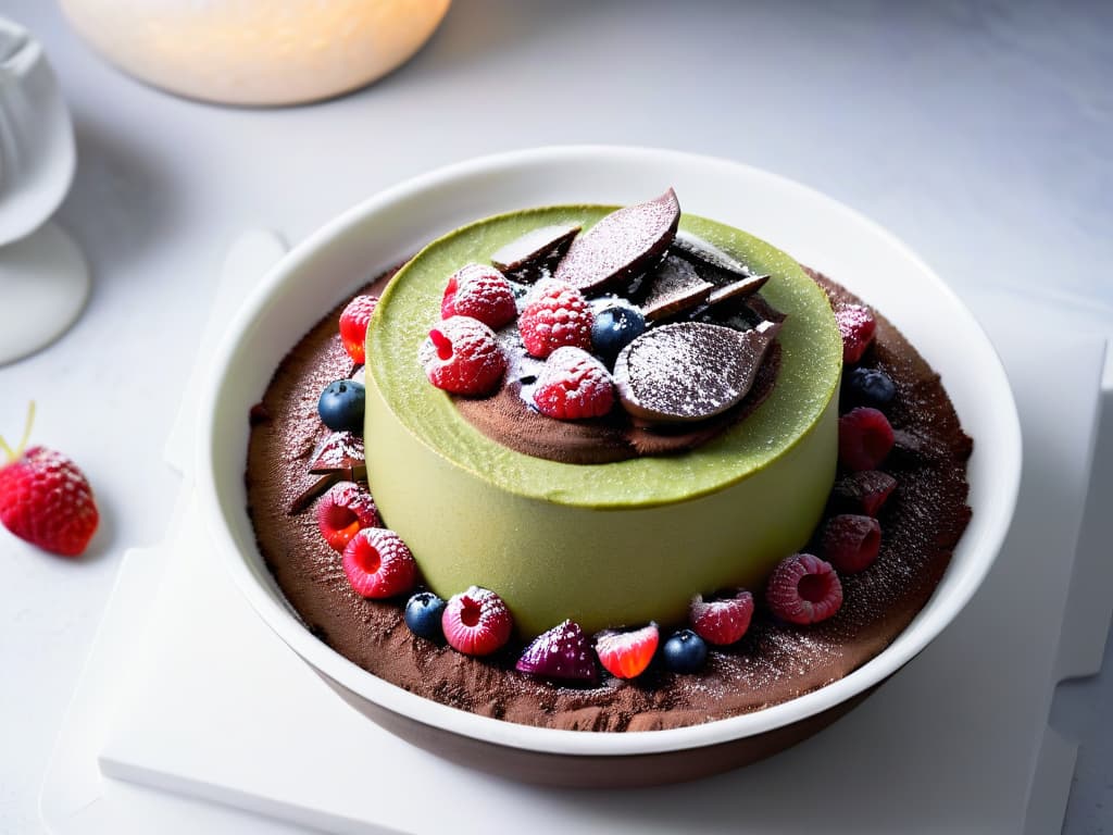  An 8k ultradetailed image of a decadent chocolate avocado mousse topped with fresh raspberries and a sprinkle of cacao powder, elegantly presented in a minimalist white bowl on a marble countertop. hyperrealistic, full body, detailed clothing, highly detailed, cinematic lighting, stunningly beautiful, intricate, sharp focus, f/1. 8, 85mm, (centered image composition), (professionally color graded), ((bright soft diffused light)), volumetric fog, trending on instagram, trending on tumblr, HDR 4K, 8K