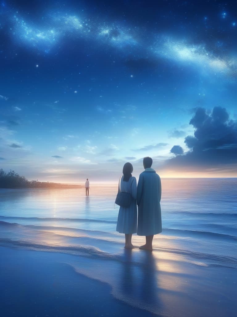  The background is the sea, the men and women are a little far away, looking at the sea, the sky is the starry sky., masterpiece, best quality,8k,ultra detailed,high resolution,an extremely delicate and beautiful,hyper detail